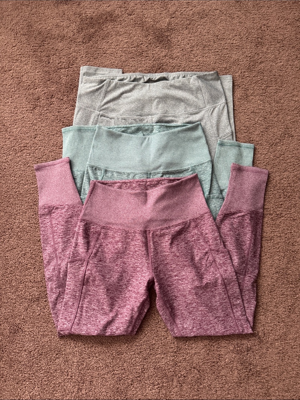 Kirkland Signature Leggings Set in Mauve, Sage, and Light Gray
